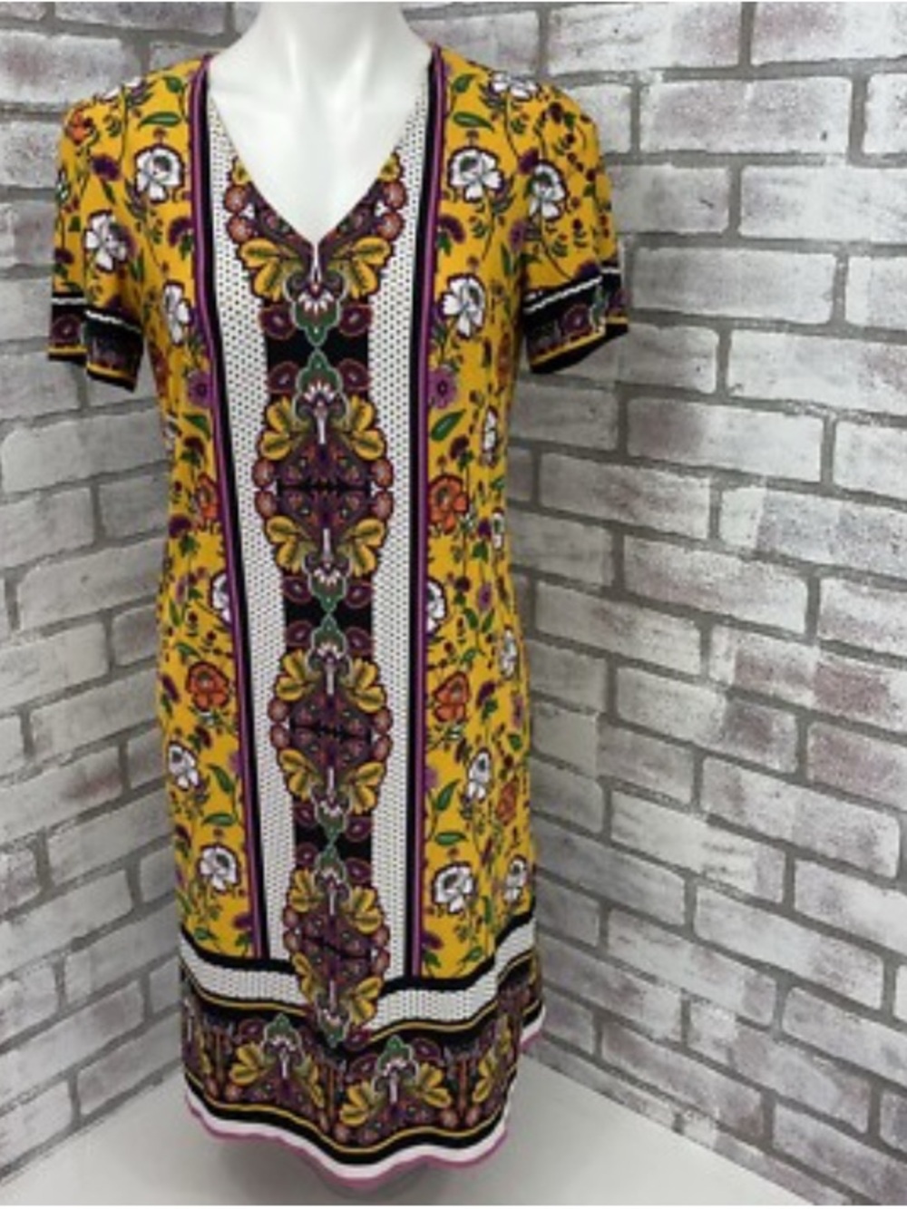 London Times Yellow Floral Print V-Neck Dress